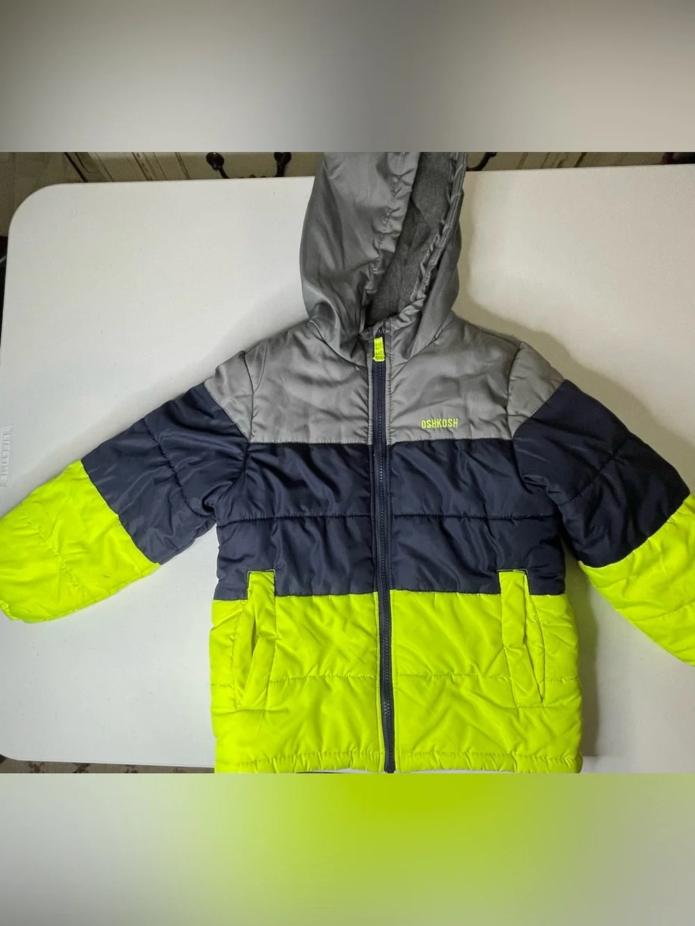 OshKosh B'gosh Gray, Navy & Neon Yellow Colorblock Hooded Puffer